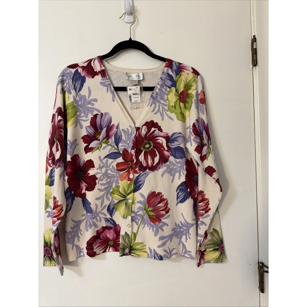 SILK CLUB Collection Silk Blend Floral Cardigan Large VTG New Beaded‎